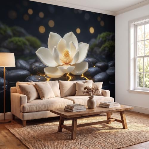 SMBHIAON Papier Peint Magnolia Blanc Galets Noirs 3D 450×315 Cm Photo Mural Nature Morte Florale D'Inspiration Zen Bureau Enfants Wallpaper, Or – vue 2