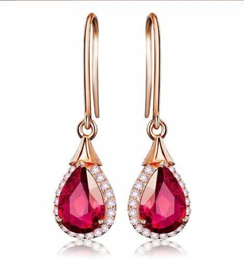 Ritika Pear & Round Cut Red Ruby Halo Drop Dangle Earrings 14K Rose Gold Finish 925 Sterling Silver