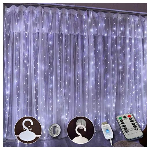 SINAMER Upgrade 300 LED Curtain Light, 9.8ft x 9.8ft Copper Wire String Lights, USB Powered Hanging Window Fairy Lights, 8 Lighting Modes, Remote Control for Home Christmas Wedding Party, White