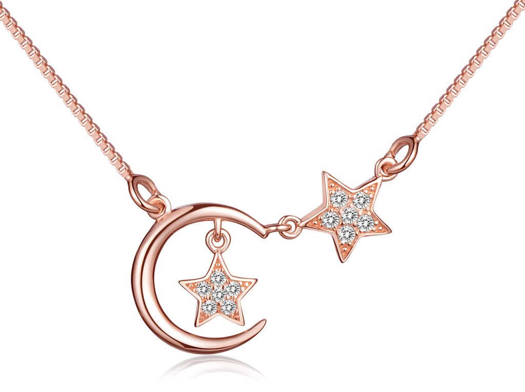 Unendlich U Collar ajustable de plata de ley con colgante en forma de luna creciente y estrellas con circonita cúbica de moda, para mujer, oro rosa