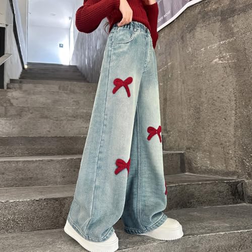 Jeans for Girls Baggy Wide Leg Cute Bow Love Heart High Elastic Waisted Denim Pants Y2K Streetwear Preppy Clothes 5-14Y2
