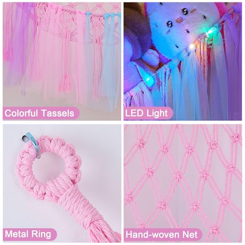 Image of FIOBEE Stuffed Animals Net LED Light Toy Hammock for Kids Bedroom Storage | Stuffed Animals Storage Organizer, Girls Room Decor, Teddy Bear Holder, Space Saving, for Kids Nursery Bedroom Playroom