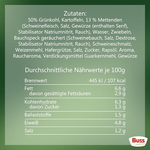 Buss Freizeitmacher Traditioneller Grünkohl Eintopf mit Kartoffeln und Mettenden - Fertiggerichte zum Aufwärmen in Mikrowelle & Topf - Schnell & Einfach Zubereitet - 12 x 300g