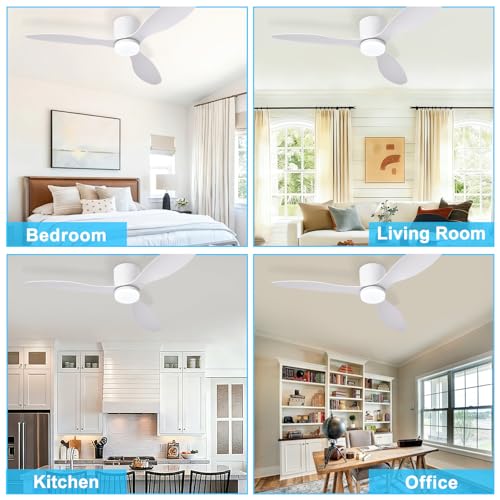 Image of Depuley Flush Mount Ceiling Fan: 52-Inch White Ceiling Fans with Lights for Bedroom Indoor Outdoor - Low Profile Ceiling Fans with Remote Control 24W 3CCT Dimmable 3 Reversible White Blades 6 Speeds