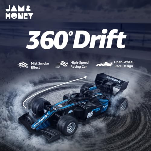 Image of Amazon Brand - Jam & Honey Formula F1 RC Racing Car for Kids | 2.4GHz Remote (100+ ft Range) | Mist Smoke Effect | LED Lights | USB Type-C Rechargeable | Multi-Direction Control | Black|4+ Years