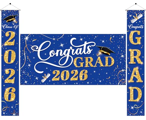 Class of 2026 Graduation Decorations, 3 Pcs Blue Gold Congrats Grad Banner and Backdrop Set with 1 Photo Backdrop and 2 Hanging Banners for Indoor Outdoor Party Decor by CoquetteBow012 - Used condition - US$9.13
