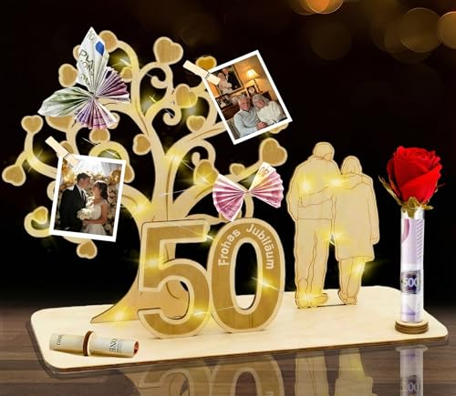 Holz Goldene Hochzeit Geschenke,50 Jahre Goldene Hochzeit Deko Geldgeschenk,50 Frohes Jubil&auml;um mit Herzbaum & LED Lichterkette,Geschenkidee zum 50. Hochzeitstag f&uuml;r Frau Mann Paare