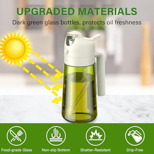 Vakoo 2 in 1 Oil Sprayer and Oil Dispenser for Kitchen - 16oz/470ml Light-Blocking Dark Glass Olive Oil Spray Bottle for Cooking, Air Fryer, Salad & BBQ (Green&White)