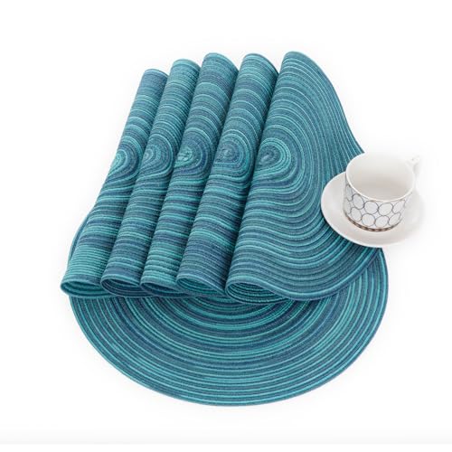 Image of SHACOS 15 inch Round Placemats Set of 6 Variegated Multicolor Place Mats Cotton Polyester Braided Non Slip Washable Heat Resistant Table Mats for Home Wedding Dinner Party Table Decor, Rainbow Teal