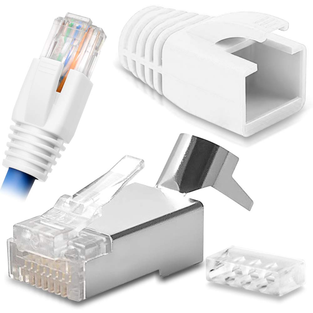 Netzwerkstecker Netzwerk DSL Stecker CAT7 CAT7A CAT6 CAT6A CAT5 RJ45 DSL LAN vergoldete Kontakte Knickschutz, Farbe:Weiss, Stückzahl:100 Stück