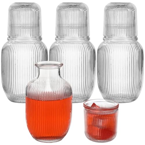4 Set Bedside Water Carafe With Tumbler, 20.3 oz Vintage Glass Water Pitcher with Tumbler, European Embossed Texture, Mouthwash Decanter, Water Pitcher for Bedside, Home, Kitchen (8 PCS)