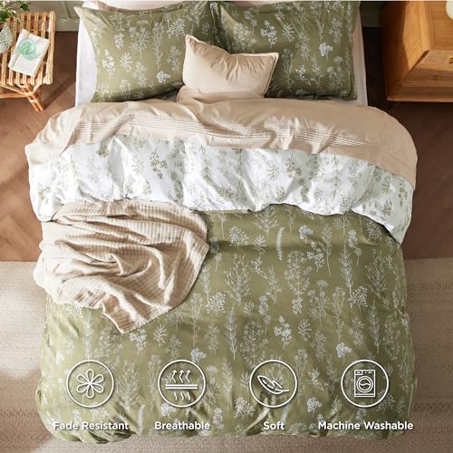 Image of Bedsure Duvet Cover Queen Size - Reversible Olive Green Queen Duvet Cover Set with Zipper Closure, 3 Pieces Floral Patterned Bedding Set with 8 Corner Ties and 2 Pillow Shams