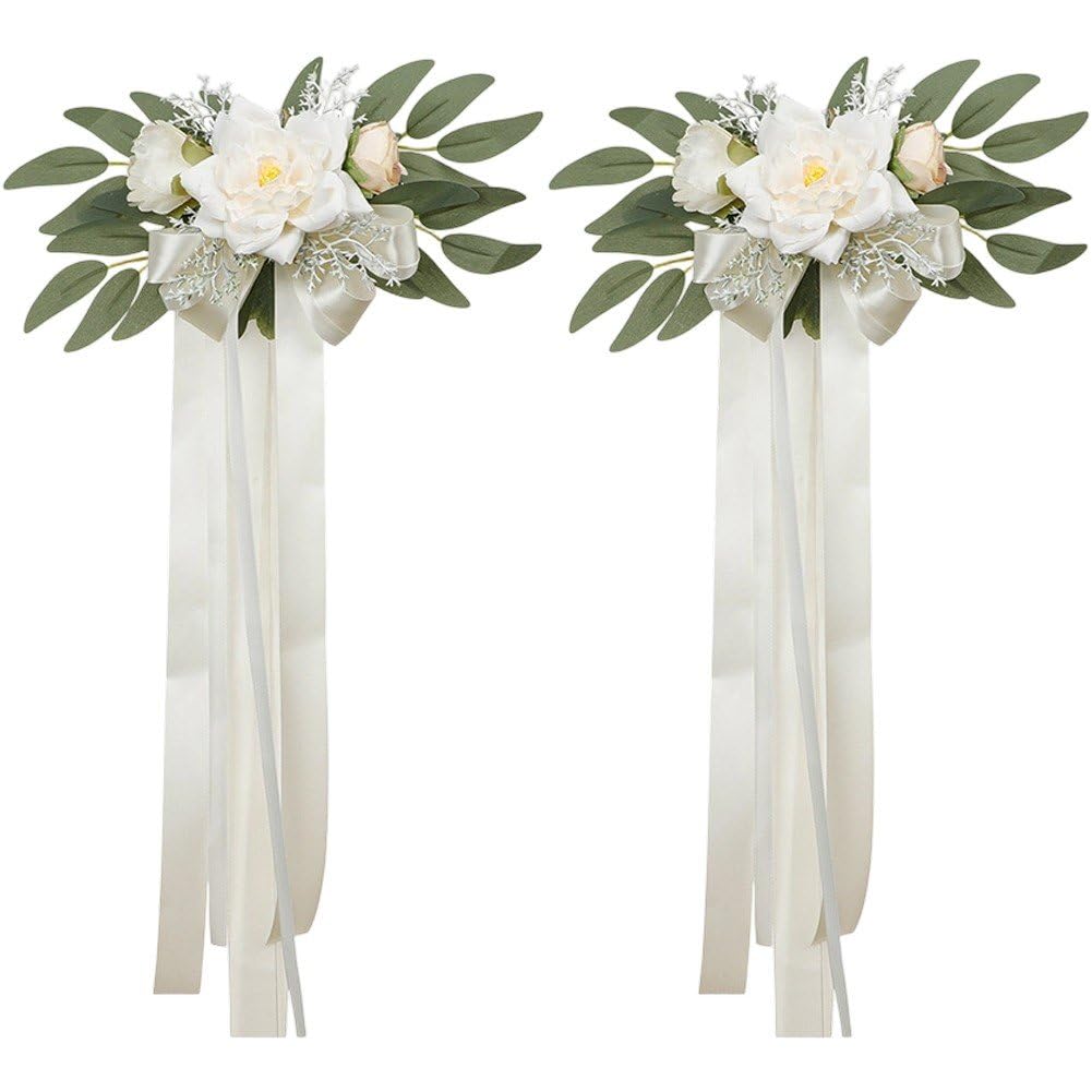 Fituenly 2pcs Church Chair Pew Bows, Artificial Flower Arrangement with Gauze Eucalyptus, Rustic Aisle Chair Decor for Wedding Ceremony Party