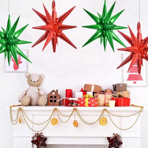 Image of TONIFUL 4Pcs Explosion Star Balloons Red and Green Foil Balloon Party Decor | 22 Inch Large Mylar Star Balloon for Christmas Party Decorations New Year Birthday Wedding Baby Shower Photo Booth Supplies