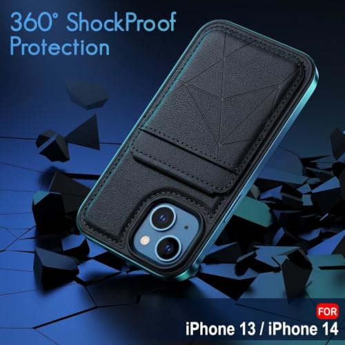 Image of amazon basics Premium Vegan Leather Back Cover with Card Holder and Integrated Mobile Stand for iPhone 13 - Slim Shockproof Wallet Case with Geometric Stitching [Black]