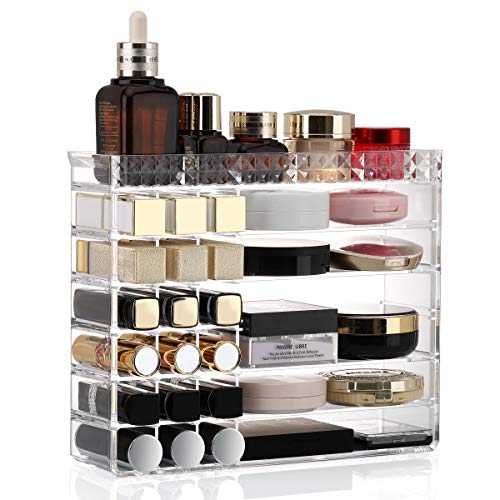 Preisvergleich Produktbild Luxspire Acryl Kosmetik Organizer, Schmuck Aufbewahrungsbox mit Großer Kapazität 18 Lippenstiftschlitzen 6 Kosmetik Schubladen Makeup Organizer Aufbewahrungsorganisator - Transparent