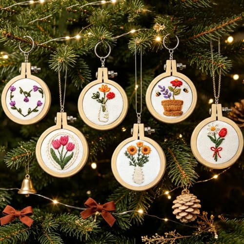 Image of 6 Sets Mini DIY Embroidery Kits for Beginners Adults, Flowers Hand Embroidery Starter Kit Needlepoint Kits, Stamped Cross Stitch Kits for Beginners Adults, 7 Embroidery Hoops (Attached Video Tutorial)