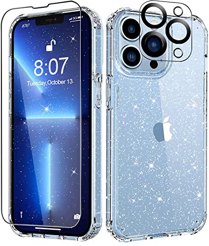 XLKTech Funda Glitter Compatible con iPhone 13 Pro con 3 Pack Cristal Templado y 3 Pack Protector de Lente de Cámara, Carcasa Silicona TPU Bumper Airbag Anti-Choque, Transparente Cover