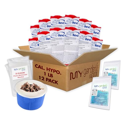 Drytec Calcium Hypochlorite Pool Shock 1 lb. 68% Bag Complete Pool Care Kit with My Garden Pool Skimmer Sock and 7-in-1 Test Strips 60 ct. Powerful Chlorine Shock for Clear Swimming Water (12)
