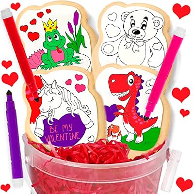 Valentines Day Cookie Gift Decorating Kit Activity Heart For Kids | 4 Jumbo Coloring Cookies + 3 Edible Ink Markers | Coloring Arts and Crafts