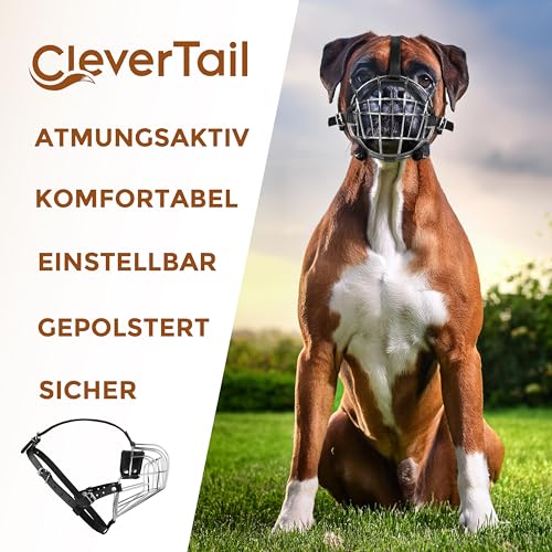 CleverTail Metall-Maulkorb für große Hunde – Körbchen-Maulkorb mit verstellbaren Lederriemen – Käfig-Maulkorb zum Verhindern von Beißen für Hunde mit kurzer Schnauze, Boxer, Bulldogge