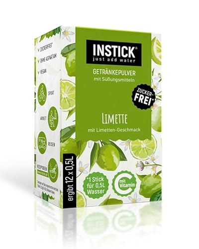 INSTICK - 1 paquet de 12 x 0,5-1 L - Poudre pour boissons végétaliennes faibles en calories et vitamine C - Poudre instantanée sans sucre (Limetta)