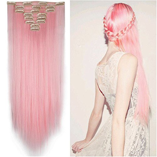 S-noilite 26 Inches(66cm) Long Straight Light Pink Full Head Hairpiece Clip in Hair Extensions 8 Piece 18 Clips Hairpiece Trendy Design