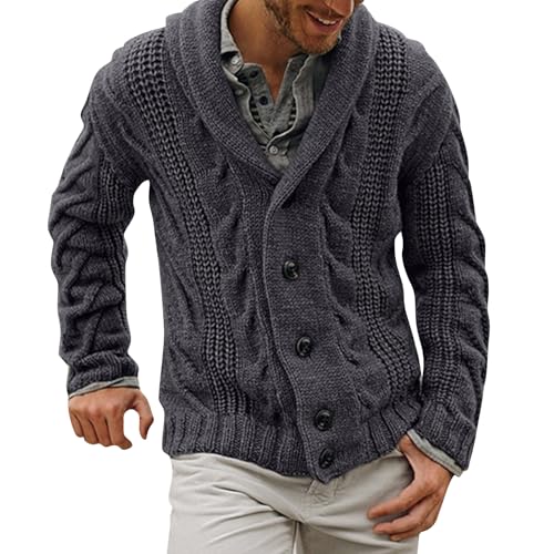 Men's Cable Knit Cardigan Sweater Shawl Collar Button Down Casual Cardigans Loose Fit Long Sleeve Winter Sweater