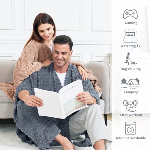 Mowkim Wearable Blanket Sherpa Fleece Shawl Blanket with Pockets for Adults Women and Men, Cozy Shawl TV Throw Blanket (Grey, 58'' x 64'')