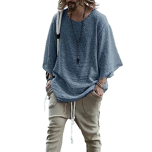 ZOCANIA Men's Linen Shirt Crewneck Frayed Batwing Sleeves Vintage Sweater with Fringe for Fall Distressed Blouse for Men