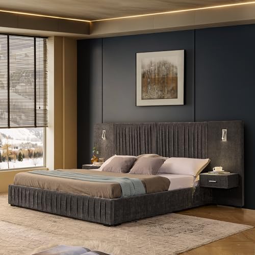 Skipity Sigmo Luxury King Size Bed Frame with Oversized Upholstered Headboard, Modern Chenille Upholstered Platform Bed Frame with Gold LED Lights, Nightstands, No Box Spring Needed, Dark Grey