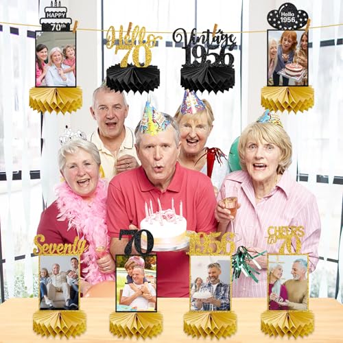 Image of Eucutur 8Pcs 70th Birthday Decorations Honeycomb Centerpieces for Women Men, Black Gold Vintage 1956 70th Bday Photo Table Centerpieces Party Supplies, Glitter Cheers to 70 Year Old Bday Table Topper