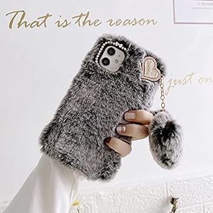 Miagon Plüsch Hülle für iPhone 13 Pro, Handyhülle Mädchen Flauschige Schutzhülle Silikon Hülle Faux Pelz Case mit Süße Herz Anhänger, Grau