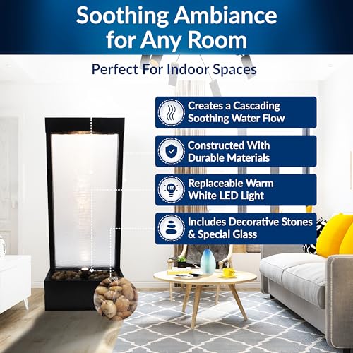 Image of Alpine Corporation MLT170S 48 inch Indoor Outdoor Waterfall Fountain with LED Light Modern Glass & Aluminum Black Wall Water Feature for Home, Patio, Garden Decor Soothing Cascading Indoor Water Fountain