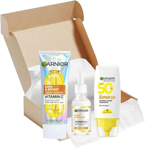 Garnier Even & Bright Vitamin C Skincare Bundle, Serum Cleanser, Booster Serum, and SPF 50+ Super UV Sunscreen, 3 Piece Set