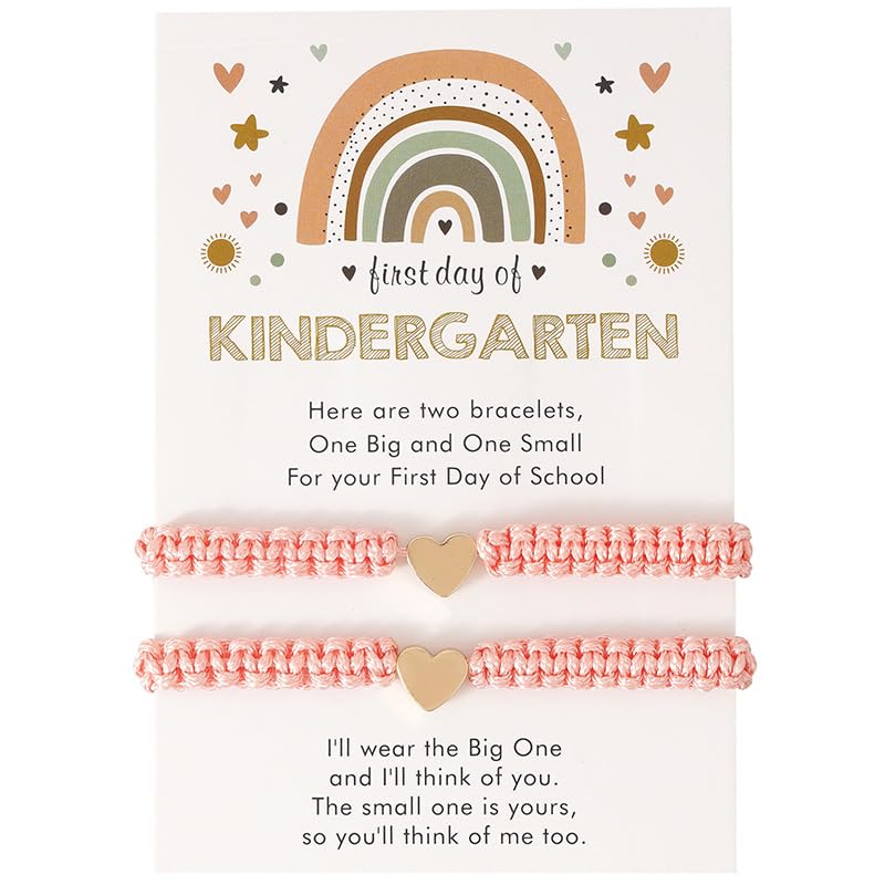Image of First Day of School Bracelets Matching Heart Bracelets for Mom and Daughter Back to School Bracelets for 2 Braided Adjustable Charm Bracelets Jewellery Present