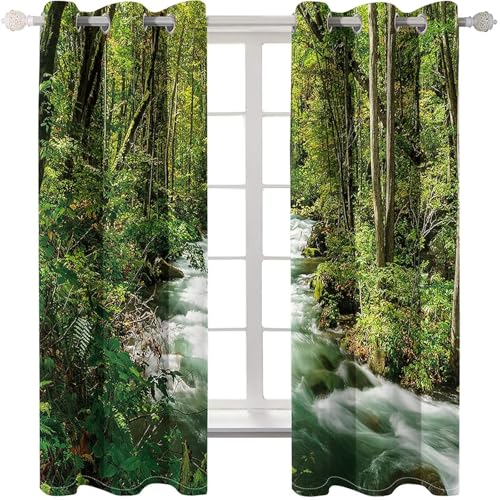 Homxi Kitchen Curtains Blackout 2 Panel Set,2 x 84W x 72H in,Window Drapes with Grommet Wood and Stream Landscape Green Kitchen Curtains Thermal