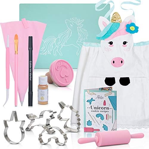 Kids Cookie Baking Set for Girls - Incl. Unicorn Apron, Cookie Cutters, Complete Cooking Kit With 14 Pieces - Great for Kitchen Dress up and Gifts For Girls Age 4-12