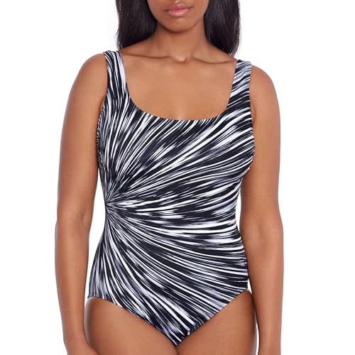 Longitude Womens Swimwear Night Point Panel Scoopneck Tank Soft Cup One Piece Swimsuit Black/White 12