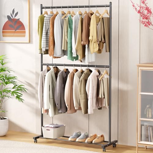 Image of Lukzer Double Rod Garment Rack with Wheels | MGS-006 / Black | Heavy-Duty Metal Clothes Stand Organizer with Bottom Shelf | Rolling Clothing Rack for Bedroom, Laundry & Boutique (183 x 110 x 40 cm)