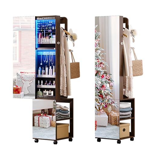 Gurexl Schmuckschrank mit Beweglicher Ganzkörperspiegel,360° Drehbarer Schmuck Spiegelschrank mit 6 LEDs,Stehendstehender Schmuck-Organizer mit 1...