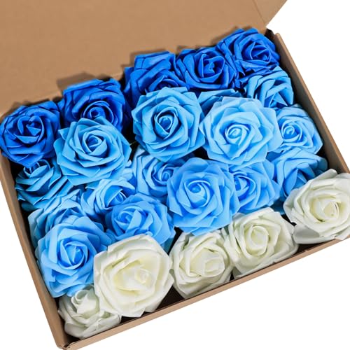 Fyshird Künstliche Blumen Blaue Rosen 25 Stück Künstliche Rosen Wie Echt Blumen Deko Fake Flowers für Hochzeitsdeko Geburtstagsdeko Party Valentinstag (Blaue Serie)