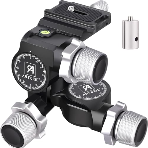 ARTCISE 3-Way Geared Tripod Head Precision Geared Head with Millimeter Micro-Adjustment 3 Axis Pan Tilt Head for Macro & Product Photography 13.2lbs/6kg Load Capacity CNC Aluminum Alloy
