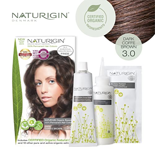 Naturigin Dark Coffee Brown Hair Dye 3.0 - Permanent Hair Color 100% Grey Coverage - Certified Organic Natural Ingredients, Deeply Nourishes The Hair - Ammonia Free, Vegan, Long Lasting Results #TOP1