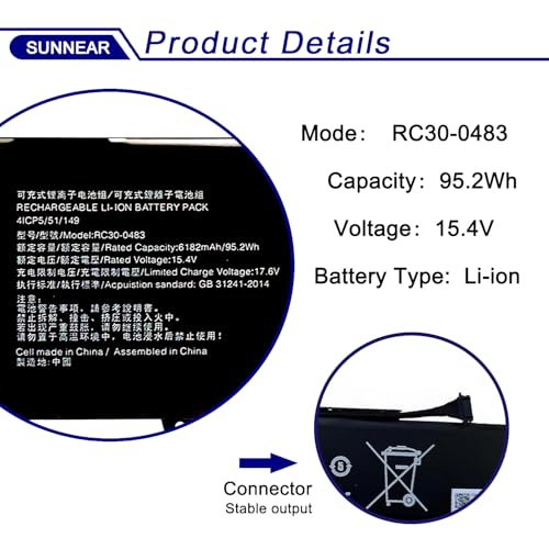 Image of 95.2Wh RC30-0483 Laptop Battery for Razer Blade 16 inch (2023) RZ09-0483x Blade 16 inch (2024) RZ09-0510x RZ09-0510SEN3-R3E1 RZ09-0510SWN3-R3W1 Series RZ09-0483 15.4V 6182mAh
