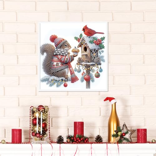 Image of 5D Special Shape Diamond Art Kits for Beginners, Diamond Art Painting Kits for Adults, Crystal Rhinestones Diamond Painting for Home Wall Christmas Decor Gift 11.8x11.8 inch, Christmas Squirrel Bird