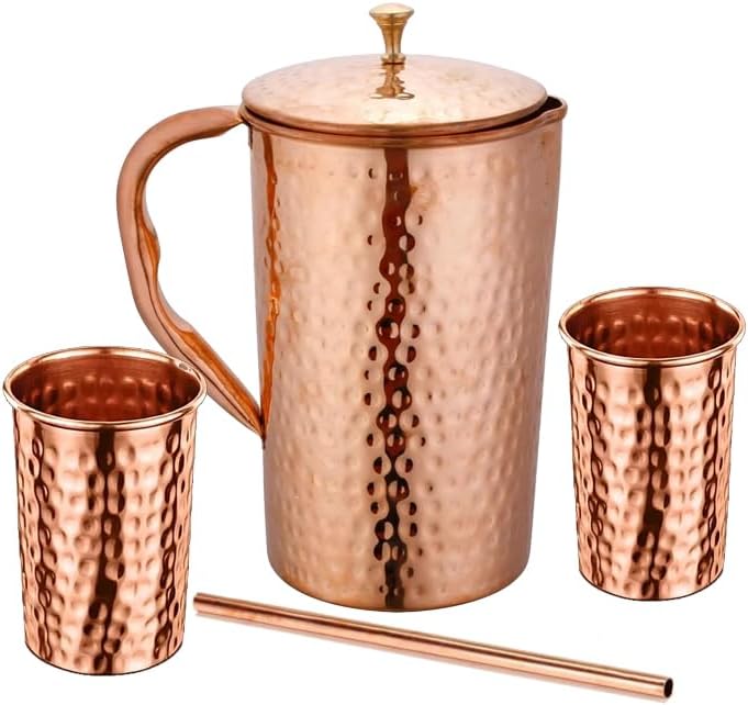 Taluka Handmade 70 OZ/2000 ML Pure Copper Hammered Large Water Pitcher/Jug With Lid 2 Tumblers & 1 Straw Leak Proof Design Vessel For Drinking Gifting Home Yoga Ayurveda Health Benefits