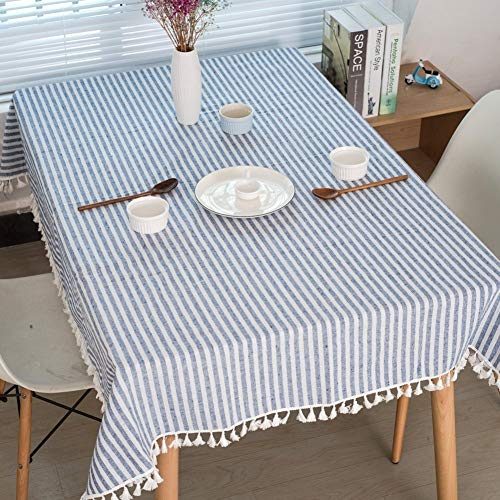 ColorBird Stripe Tassel Tablecloth Cotton Linen Dust-Proof Table Cover for Kitchen Dinning Tabletop Decoration (Rectangle/Oblong, 55 x 86Inch, Blue)