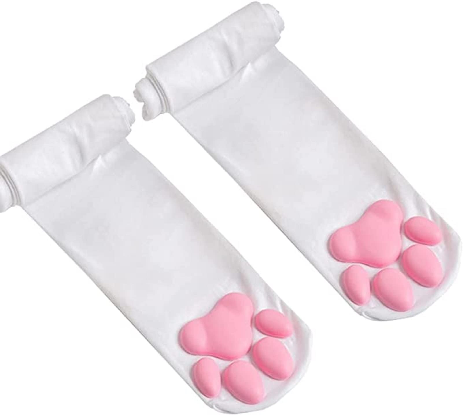 Cfrau Women White Cat Paw Pad Socks,Sexy 3D Kitten Cute Cat's Claw Thigh High Stockings for Girls Cosplay
