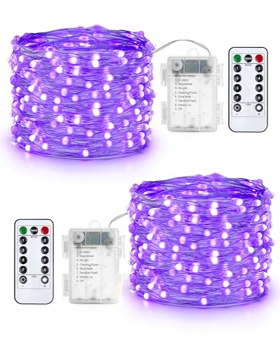 Qedertek 2 Piezas Luces de Navidad Exterior, 10M 100 LED Luces Guirnaldas con Pilas con Control Remoto, 8 Modos, Impermeable, Luz Púrpura de Arbol de Navidad
